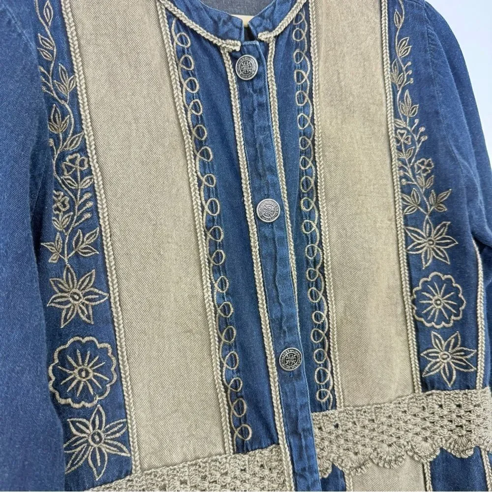 Parsley & Sage Blue Tan Cotton Denim Embroidered Lightweight Boho Jacket